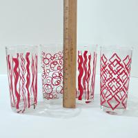 Vintage MCM Red and White Geometric and Wavy 16 Ounce Glass Tumblers, Set of 4, Retro Barware