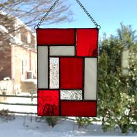 Red and White Geometric Stained Glass Panel Suncatcher, Mondrian Stained Glass Suncatcher, Custom Colors Available