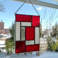 Red and White Geometric Stained Glass Panel Suncatcher, Mondrian Stained Glass Suncatcher, Custom Colors Available