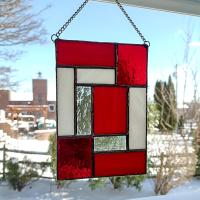 Red and White Geometric Stained Glass Panel Suncatcher, Mondrian Stained Glass Suncatcher, Custom Colors Available