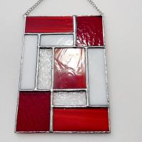 Red and White Geometric Stained Glass Panel Suncatcher, Mondrian Stained Glass Suncatcher, Custom Colors Available
