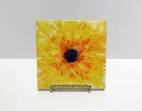 Alcohol Ink Ceramic Tile Trivet, 6" x 6", Orange and Yellow Sunflower Painting