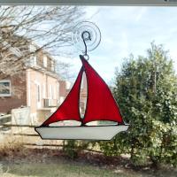Red and White Stained Glass Sailboat Suncatcher