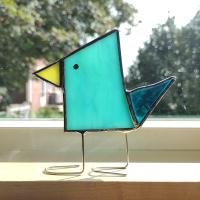 Stained Glass Standing Bird, Funky Blue Glass Bird Suncatcher, Bird Lover Gift, Windowsill Sitter