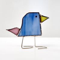 Stained Glass Standing Bird, Funky Glass Bird, Blue and Pink Bird Suncatcher, Windowsill Free Standing Bird