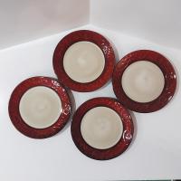Pier One Red Scroll Ceramic Salad Appetizer Plates, Set of Four, Tuscan Style Plates