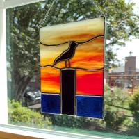 Sunset Sea Gull Stained Glass Suncatcher, Silhouette Bird on a Piling Picture