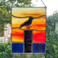 Sunset Sea Gull Stained Glass Suncatcher, Silhouette Bird on a Piling Picture