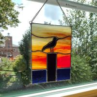 Sunset Sea Gull Stained Glass Suncatcher, Silhouette Bird on a Piling Picture