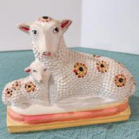 Vintage Mother Sheep and Lamb Liberty Workshop Chalkware Figurine, Early American Folk Art Figure