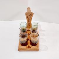 Wooden Shot Glass Holder Server with Six Etched Multi Colored Shot Glasses