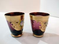 Vintage Bohemian Czech Purple Amethyst and Gold Hand Painted Shot Glasses, Set of Two