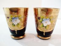 Vintage Bohemian Czech Purple Amethyst and Gold Hand Painted Shot Glasses, Set of Two