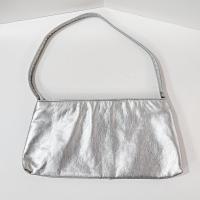 Vintage Silver Metallic Ruched Handbag Purse with Cotton Polka Dot Lining