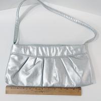 Vintage Silver Metallic Ruched Handbag Purse with Cotton Polka Dot Lining