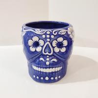Sugar Skull Day of the Dead Planter, Blue and White Skull Planter, Halloween Decor