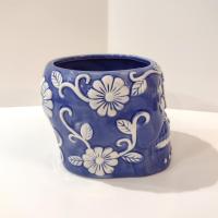 Sugar Skull Day of the Dead Planter, Blue and White Skull Planter, Halloween Decor