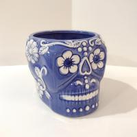 Sugar Skull Day of the Dead Planter, Blue and White Skull Planter, Halloween Decor