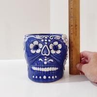 Sugar Skull Day of the Dead Planter, Blue and White Skull Planter, Halloween Decor