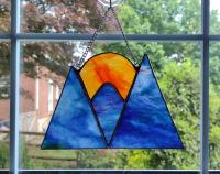 Stained Glass Mountain Sunset/Sunrise Suncatcher, Blue and Purple