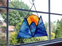 Stained Glass Mountain Sunset/Sunrise Suncatcher, Blue and Purple