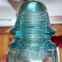 Antique W. Brookfield New York Aqua Blue Glass Insulator, Pat'd Nov 13th 1883, Vintage Glass Telegraph Telephone Rail Road CD 162 Insulator