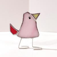 Stained Glass Standing Bird, Funky Glass Bird, Pink and Red Bird Suncatcher, Windowsill Free Standing Bird