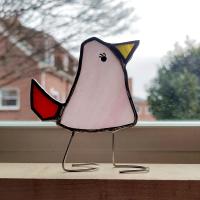 Stained Glass Standing Bird, Funky Glass Bird, Pink and Red Bird Suncatcher, Windowsill Free Standing Bird