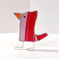Stained Glass Standing Bird, Funky Glass Bird, Red and White Striped Bird Suncatcher, Windowsill Free Standing Bird