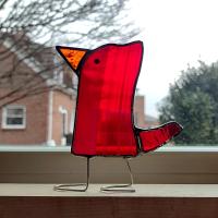 Stained Glass Standing Bird, Funky Glass Bird, Red and White Striped Bird Suncatcher, Windowsill Free Standing Bird