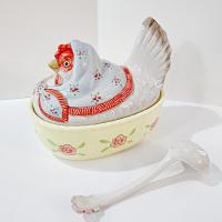 Vintage Fitz and Floyd Nesting Hen Oval Soup Tureen with Ladle 3 Piece Set, Large Chicken Soup Covered Ceramic Serving Bowl