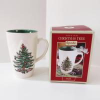 Vintage Spode Christmas Tree Latte Mug with Original Box, Green Interior and Raised Design, 1938 - Current Backstamp