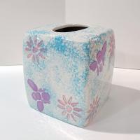 Vintage Blue Sponged Ceramic Square Tissue Box Cover Holder with Pink and Purple Flowers and Bumble Bees