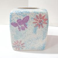 Vintage Blue Sponged Ceramic Square Tissue Box Cover Holder with Pink and Purple Flowers and Bumble Bees