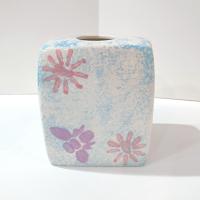 Vintage Blue Sponged Ceramic Square Tissue Box Cover Holder with Pink and Purple Flowers and Bumble Bees
