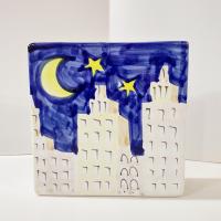 Vintage Ceramic Narrow Rectangular Planter Pot, Sun Moon Stars City Scape Flower Vase, Italian Pottery Windowsill Planter