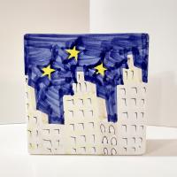 Vintage Ceramic Narrow Rectangular Planter Pot, Sun Moon Stars City Scape Flower Vase, Italian Pottery Windowsill Planter