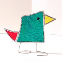 Stained Glass Standing Bird, Funky Green and Blue Glass Bird Suncatcher, Bird Lover Gift, Windowsill Sitter