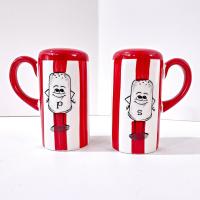 Vintage Red and White Striped Movie Popcorn Box Salt and Pepper Shaker Set with Anthropomorphic Characters, Large Handled Kitchen Shakers