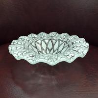 Vintage Sydenstricker Fused Glass Ruffled White and Clear Floral Bowl, Trinket Jewelry Dish