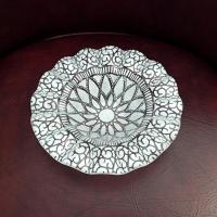 Vintage Sydenstricker Fused Glass Ruffled White and Clear Floral Bowl, Trinket Jewelry Dish