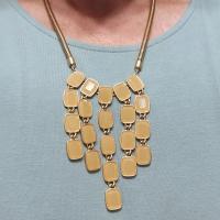 Vintage Talbots Tan Yellow Acrylic Cascade Statement Bib Necklace with Gold Tone Snake Chain, Adjustable Length 20" to 22"