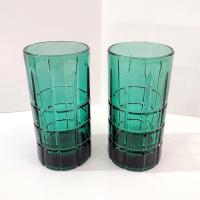 Vintage Anchor Hocking Dark Green Tartan Flat Iced Tea Glasses Tumblers, Set of Two