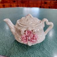 Vintage Opalescent Ceramic Miniature Teapot with Pink Roses Design