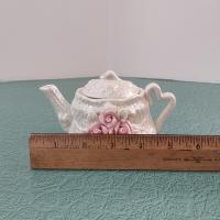 Vintage Opalescent Ceramic Miniature Teapot with Pink Roses Design