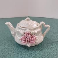 Vintage Opalescent Ceramic Miniature Teapot with Pink Roses Design