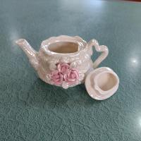 Vintage Opalescent Ceramic Miniature Teapot with Pink Roses Design