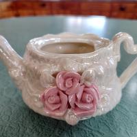 Vintage Opalescent Ceramic Miniature Teapot with Pink Roses Design