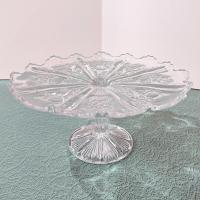 Antique John Higbee Delta Thistle 9 3/4 In Clear Pressed Glass Pedestal Cake Stand with Scalloped Lip, Vintage EAPG Pastry Dessert Plate