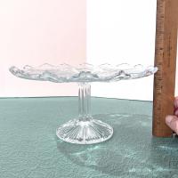 Antique John Higbee Delta Thistle 9 3/4 In Clear Pressed Glass Pedestal Cake Stand with Scalloped Lip, Vintage EAPG Pastry Dessert Plate